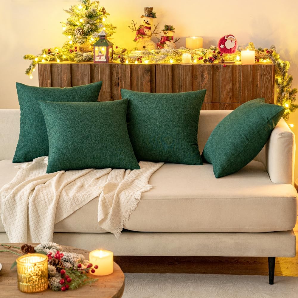 MIULEE Pack of 4 Decorative Christmas Solid Waterproof Throw Pillow Covers Linen Garden Farmhouse Cushion Cases for Outdoor Patio Tent Balcony Couch Sofa 16x16 inch Dark Green